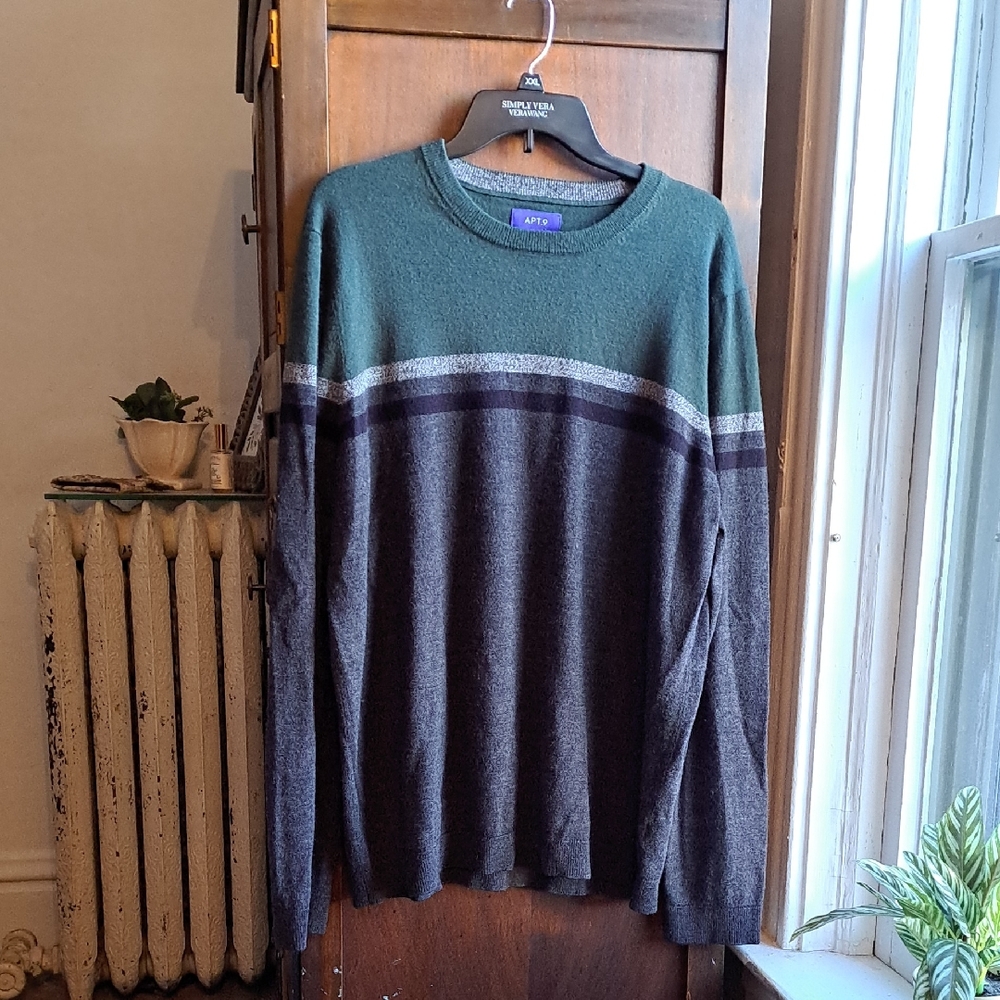 Apt. 9 Men's Size XXL Tall Merino Wool Blend Green And Grey Crewneck Sweater